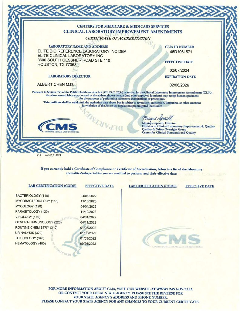 CLIA Certificate - Elite Bio Reference Laboratories Texas
