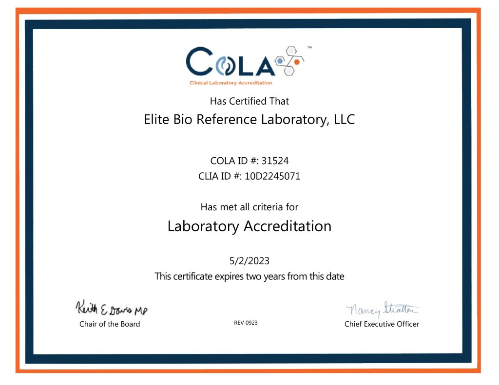 COLA Certificate - Elite Bio Reference Laboratories Florida