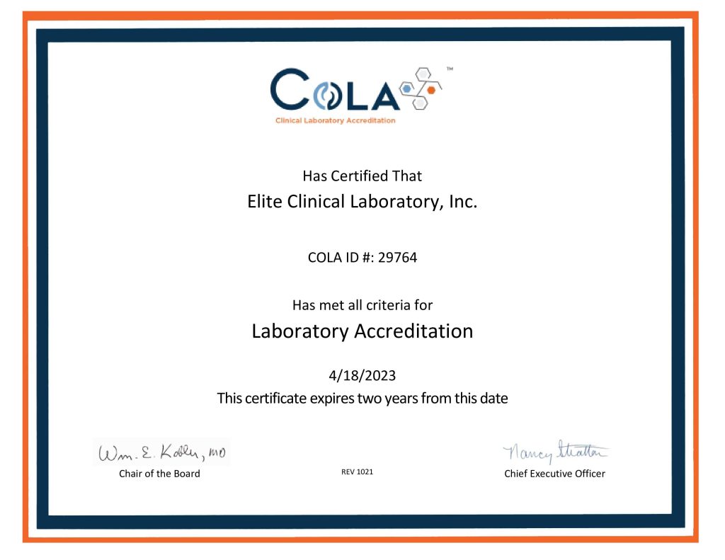 COLA Certificate - Elite Bio Reference Laboratories Texas