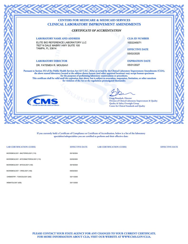 Renewed CLIA-Certificate - Elite Bio Reference Lab, Florida (1)